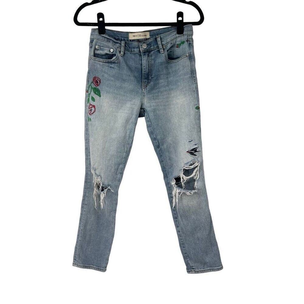 Gap Best Girlfriend Red Floral Embroidered Jeans Sz 27” Women’s
